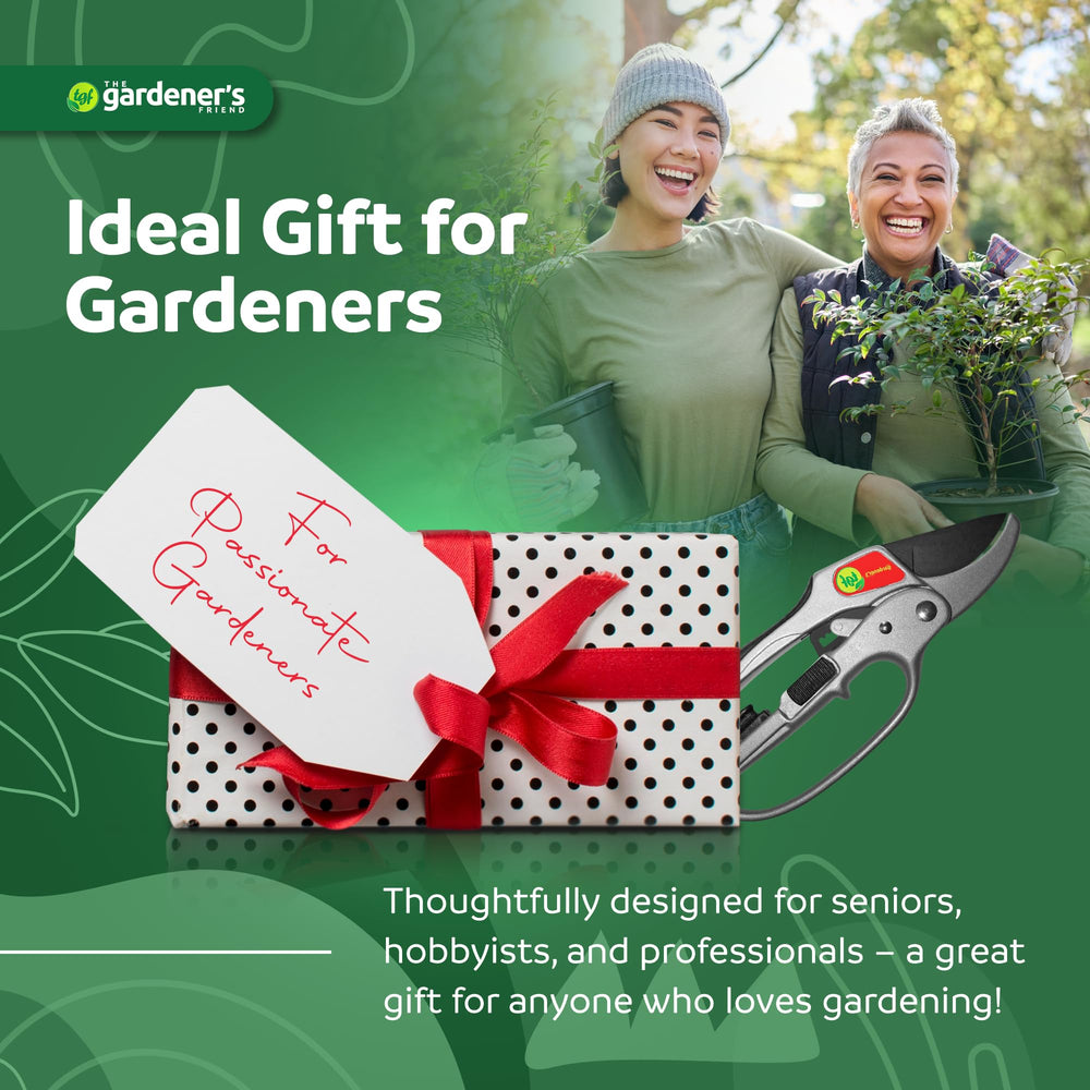 The Gardener's Friend product packaging and label image showing model, safety latch, and materials for buyer confidence