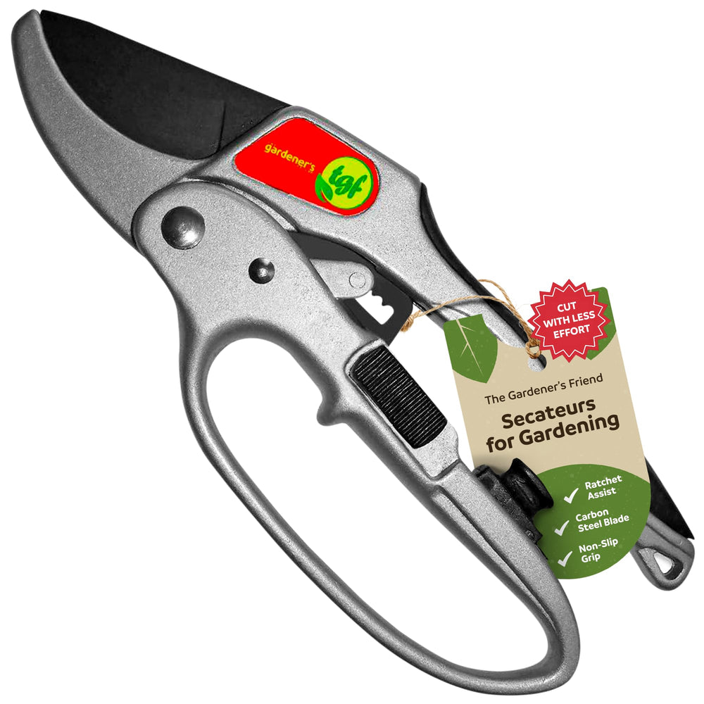 The Gardener's Friend front view of ratchet anvil shears showing ergonomic handles and strong frame for easier pruning