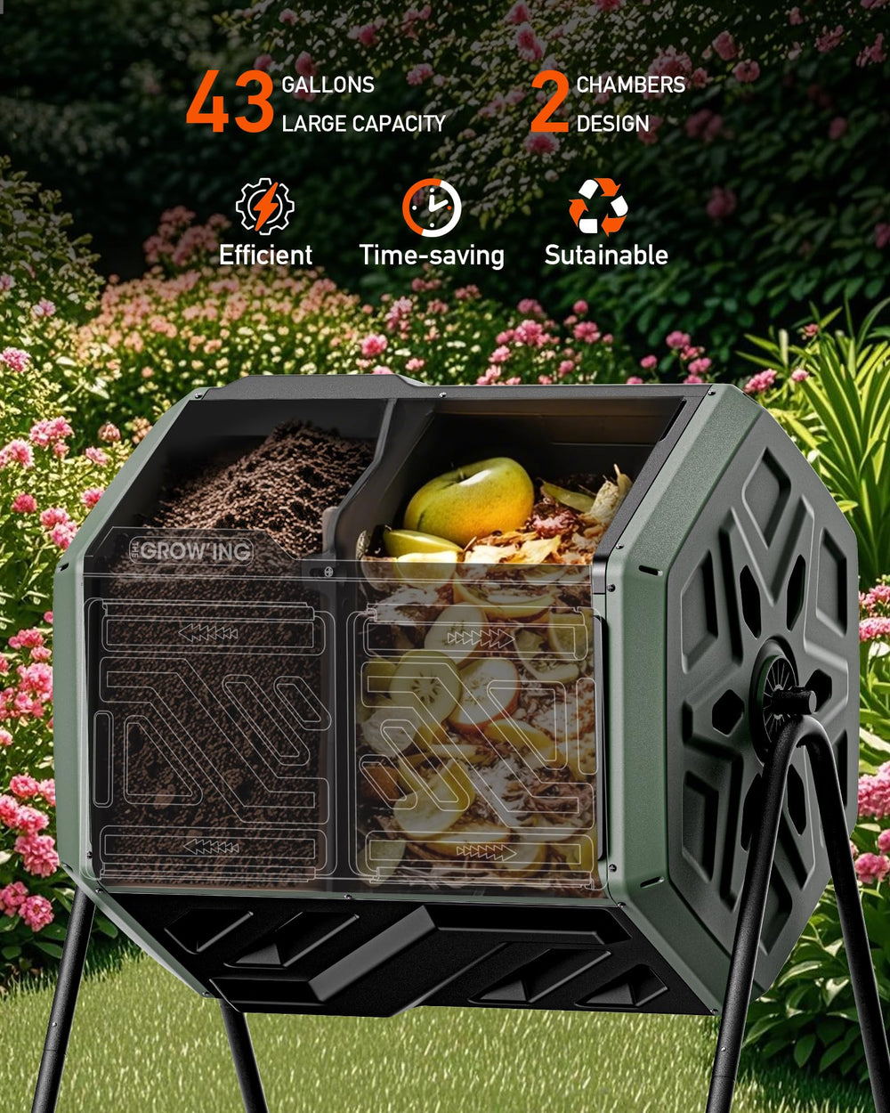 THE GROW'ING dual chambers open to show separate 21.5-gallon compartments for continuous composting