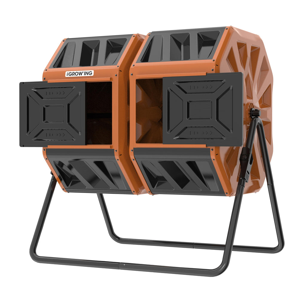 THE GROW'ING front view showing dual 53-gallon drums and compact footprint benefit