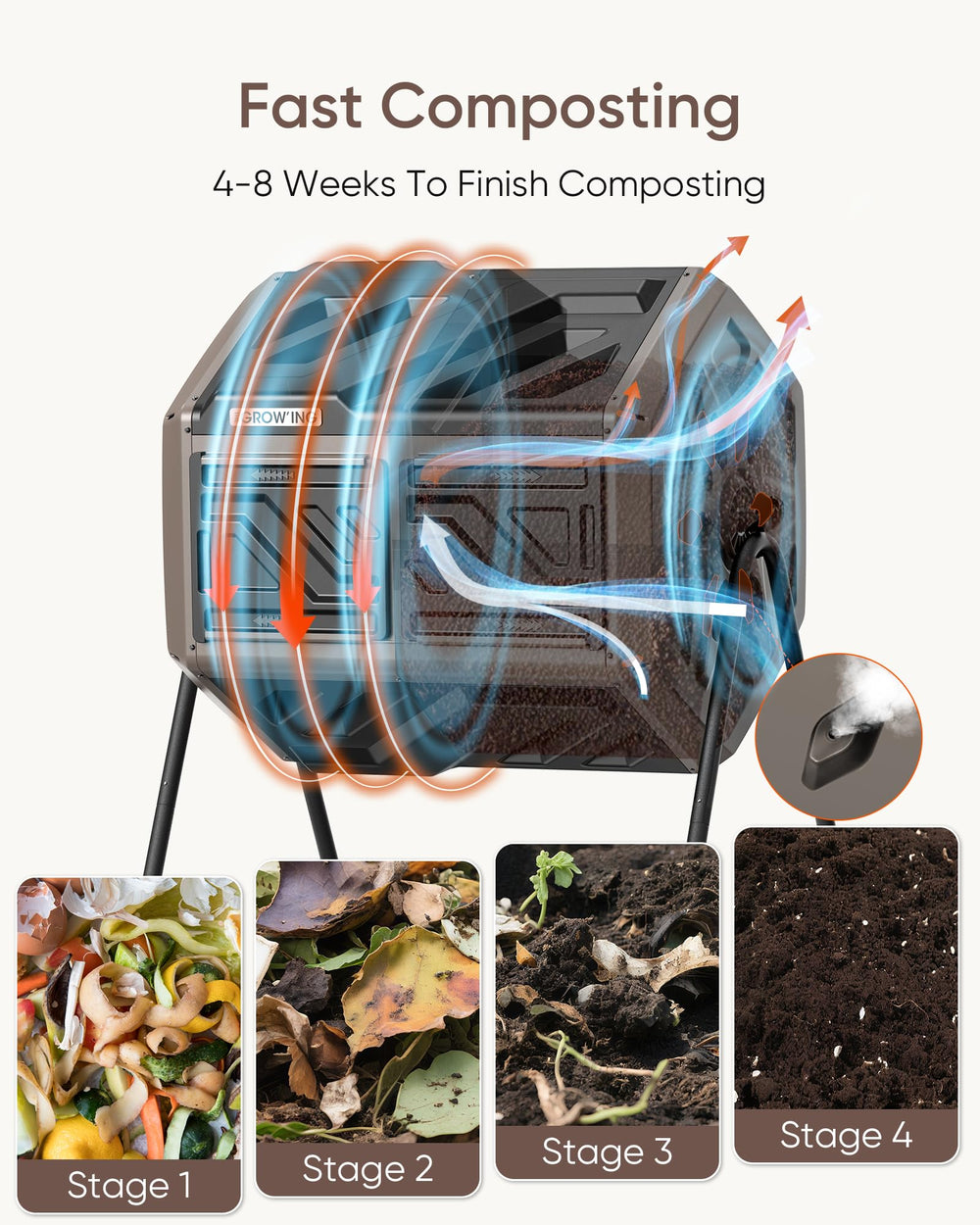 THE GROW'ING product label and materials stamp validating durability