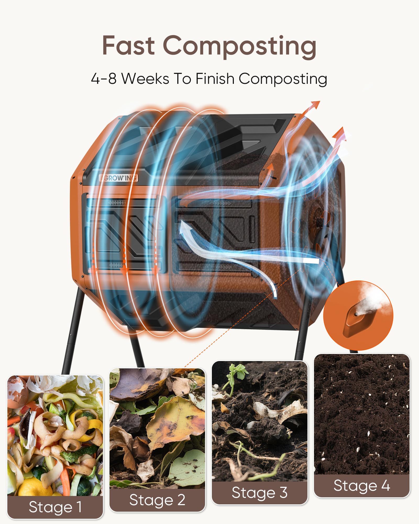 THE GROW'ING tumbler next to garden tools illustrating footprint and scale