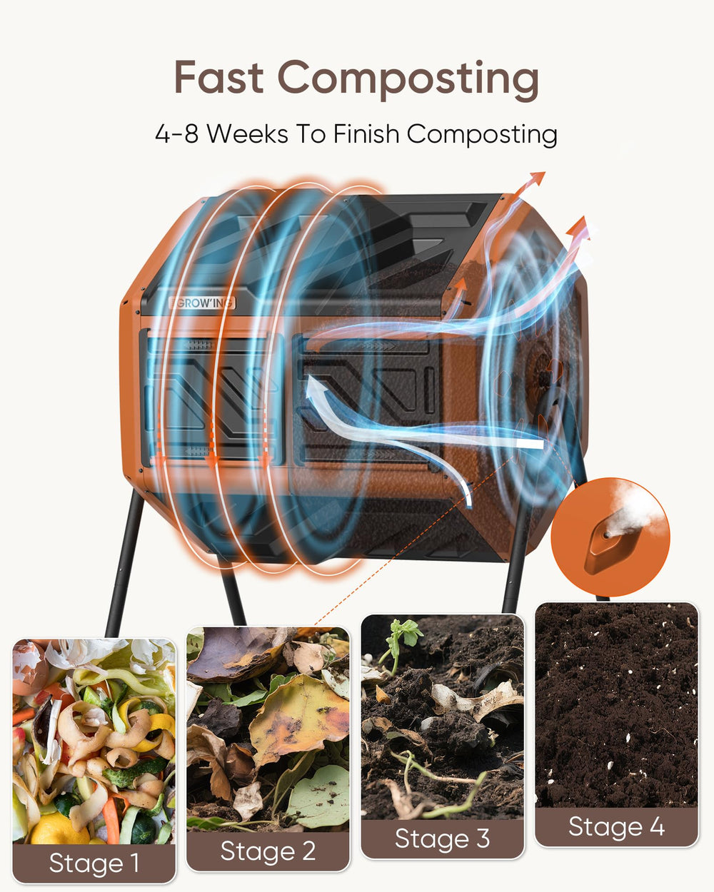 THE GROW'ING tumbler next to garden tools illustrating footprint and scale