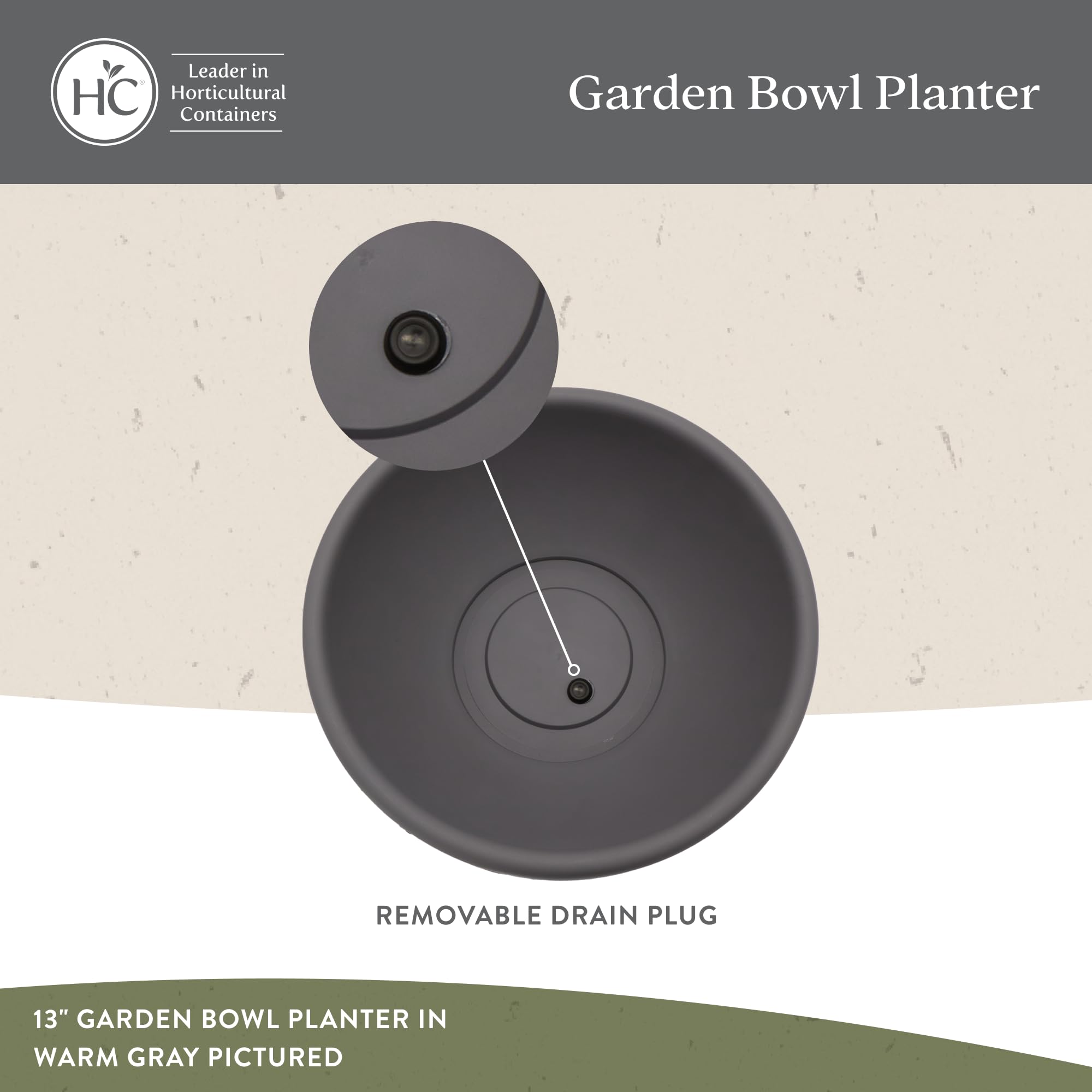 The HC Companies view of bottom drain plug showing removable drainage for healthy roots benefit