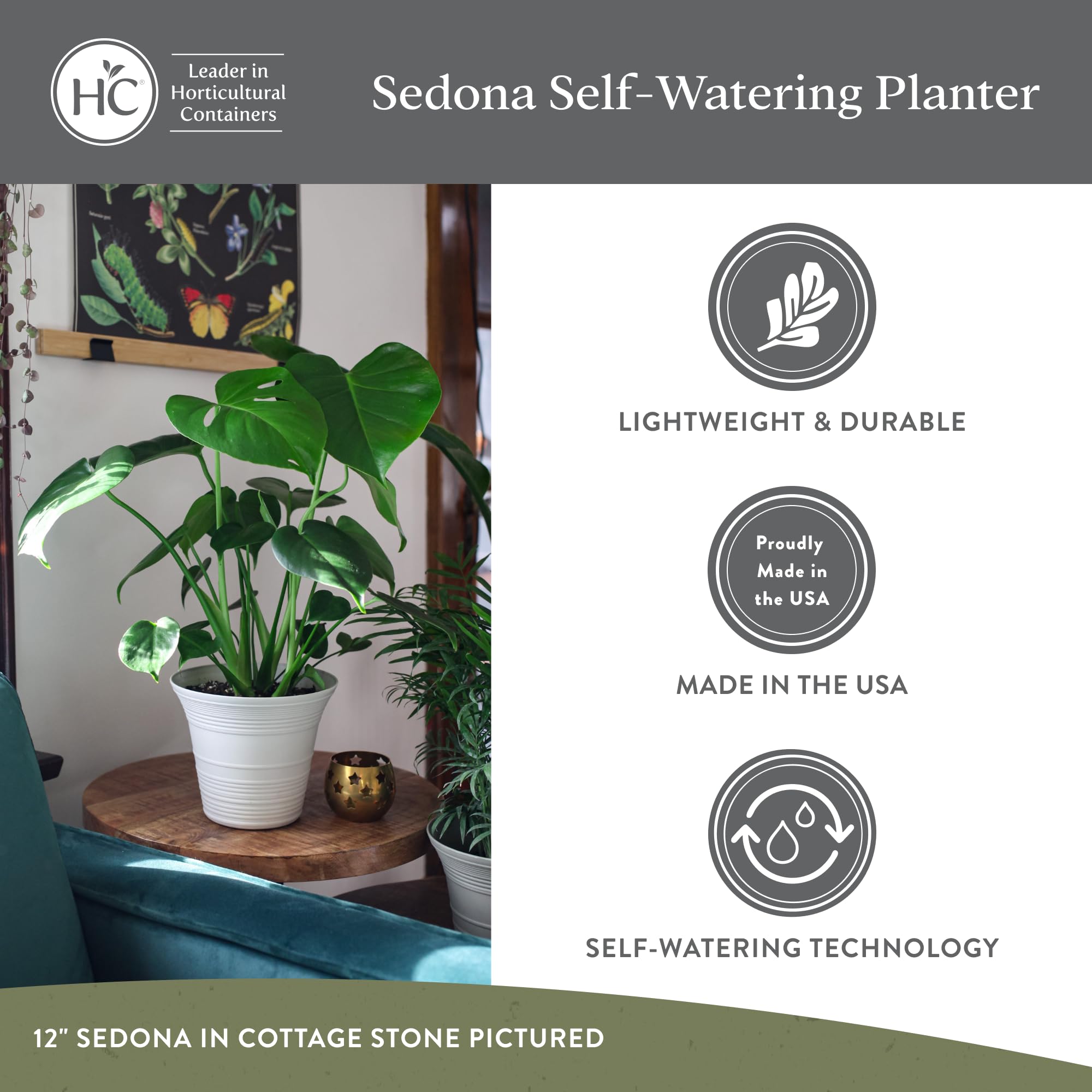 The HC Companies Sedona self-watering disk detail view, demonstrates easy no-mess hydration