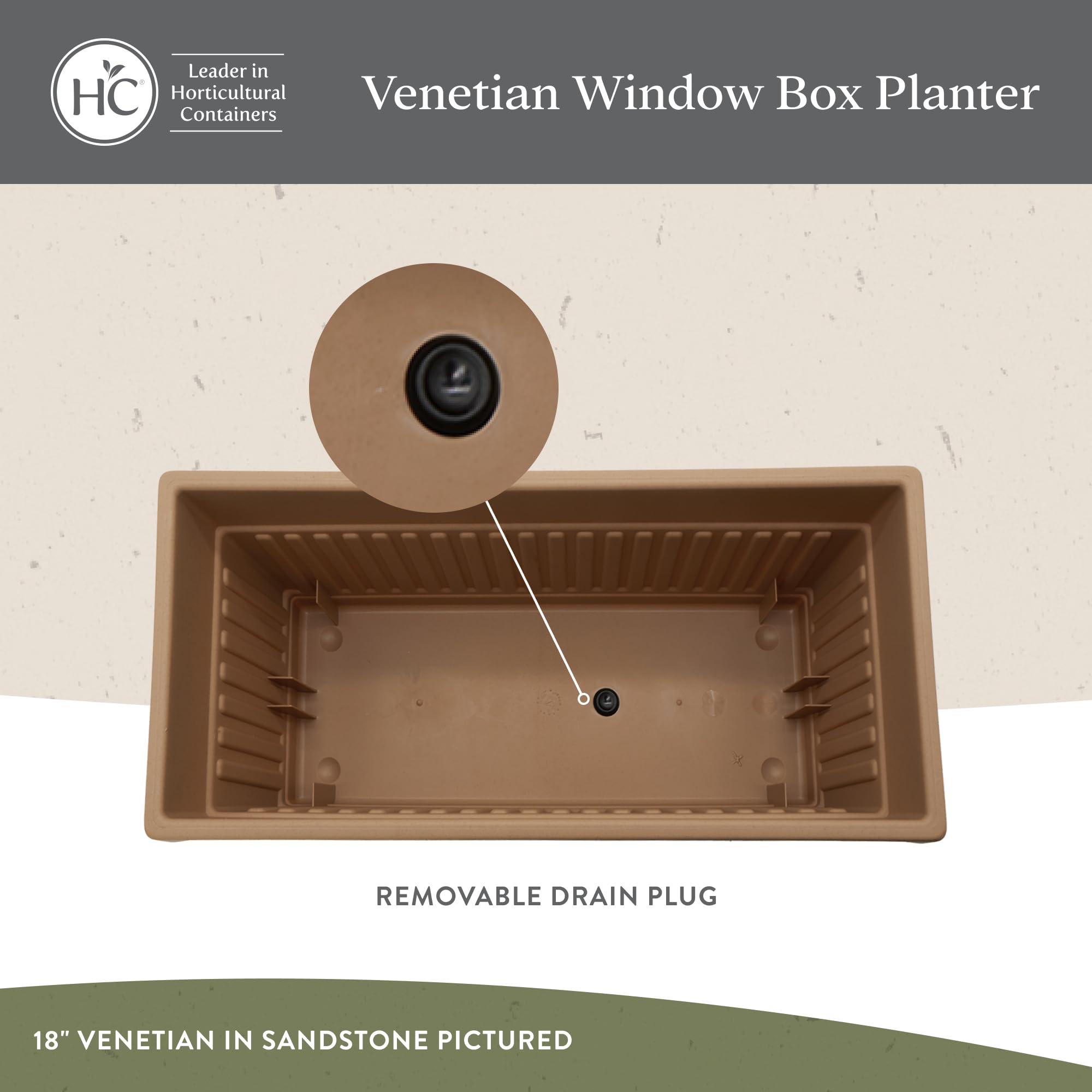 The HC Companies planter underside showing removable drain plug for water control
