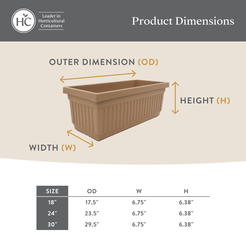 The HC Companies planter beside a ruler showing 18-inch length for accurate sizing