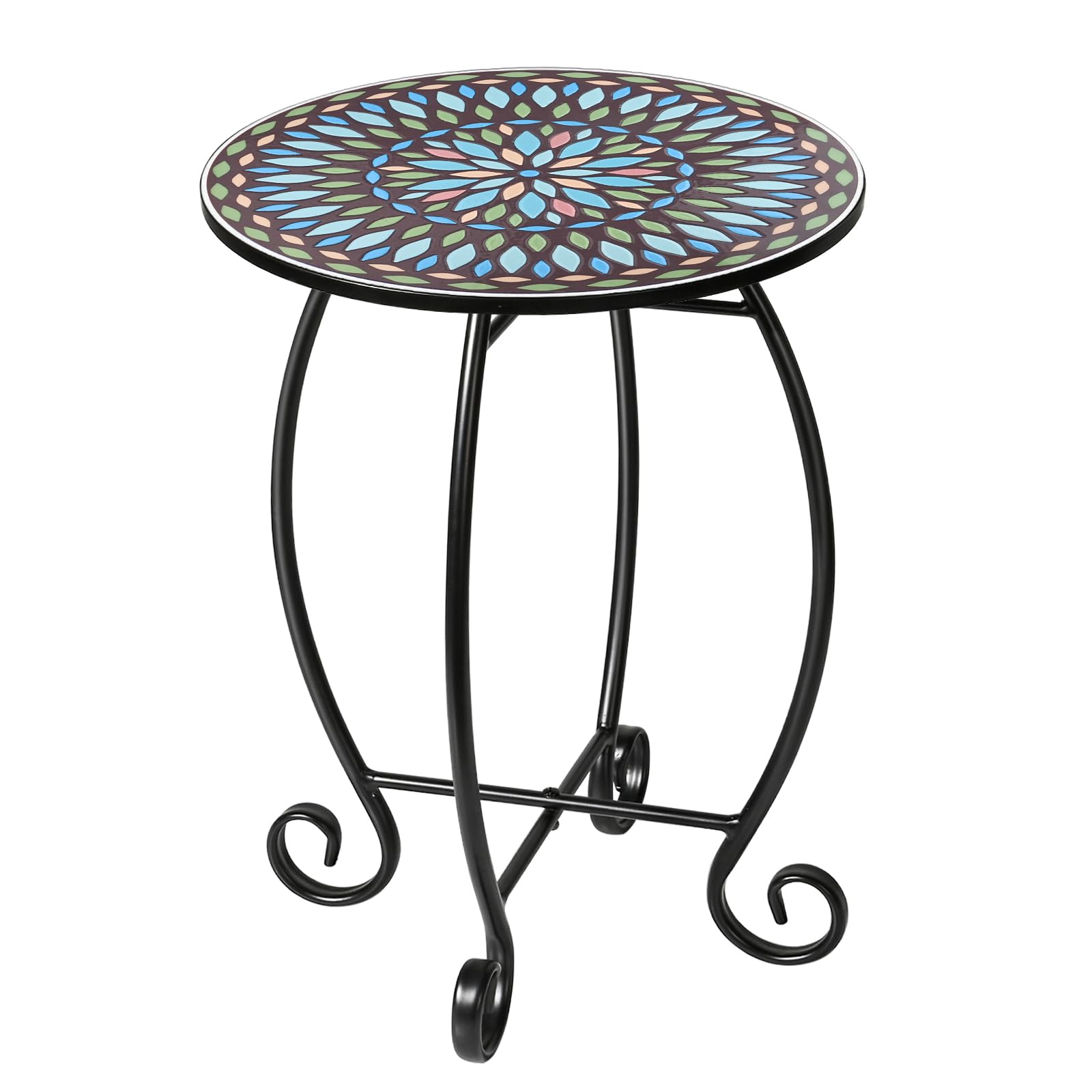 The Home Cult round end table front view showing tile top and frame benefit: colorful focal point