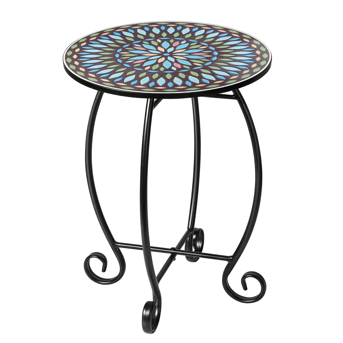 The Home Cult round end table front view showing tile top and frame benefit: colorful focal point