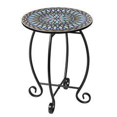 The Home Cult round end table front view showing tile top and frame benefit: colorful focal point
