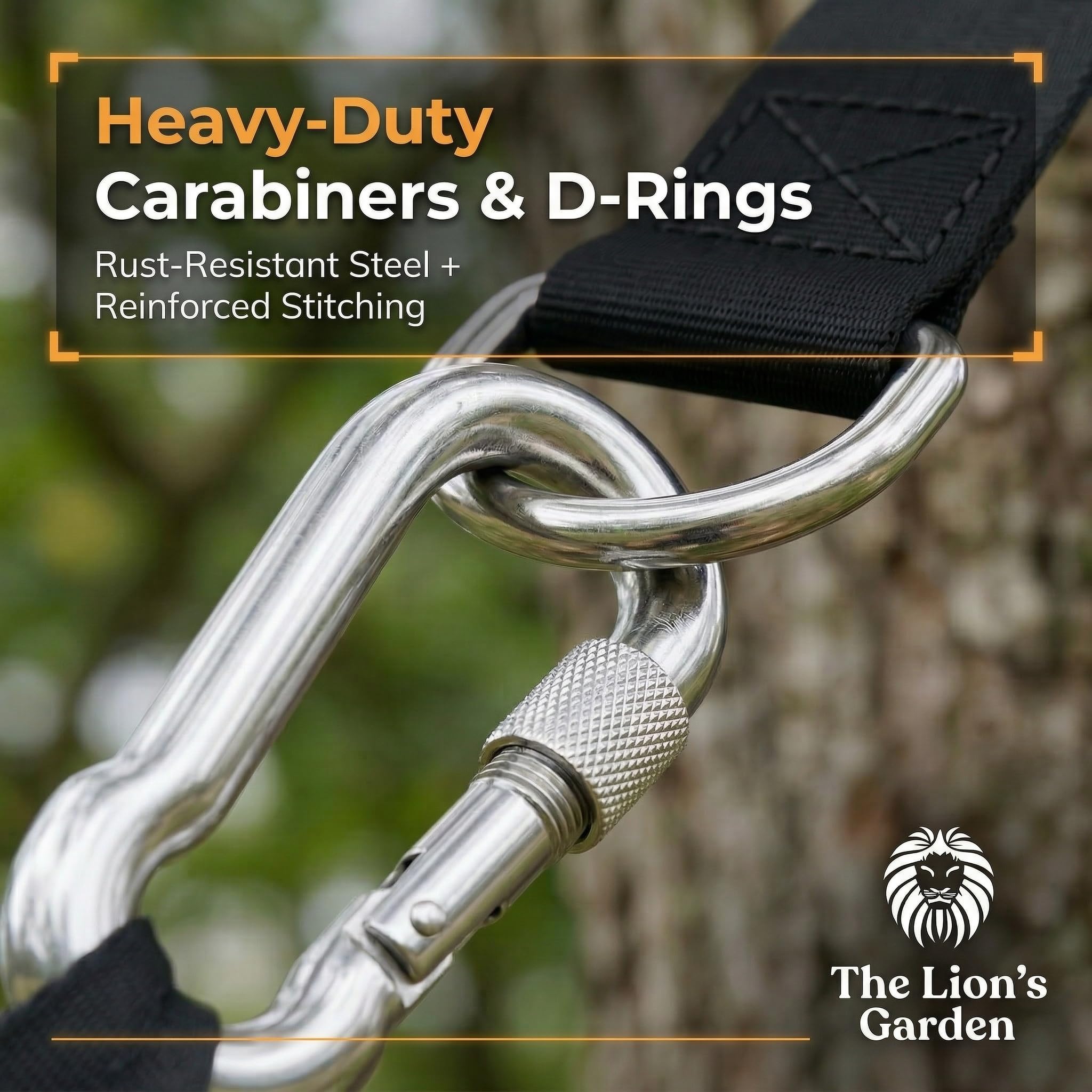 The Lion's Garden carabiner close-up highlighting strong secure connection