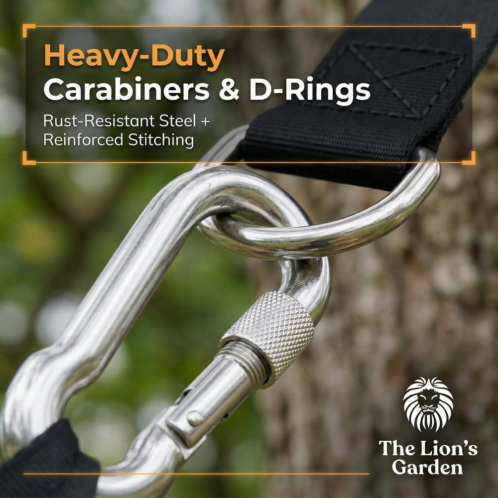 The Lion's Garden carabiner close-up highlighting strong secure connection