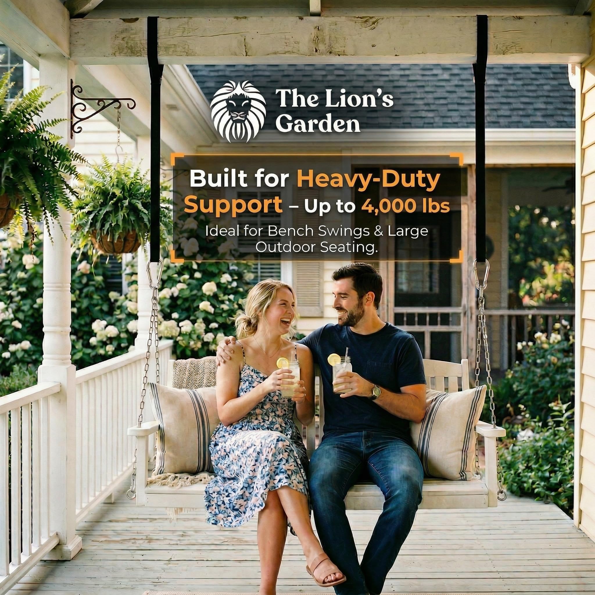 The Lion's Garden straps in use with a child’s swing for safe installation