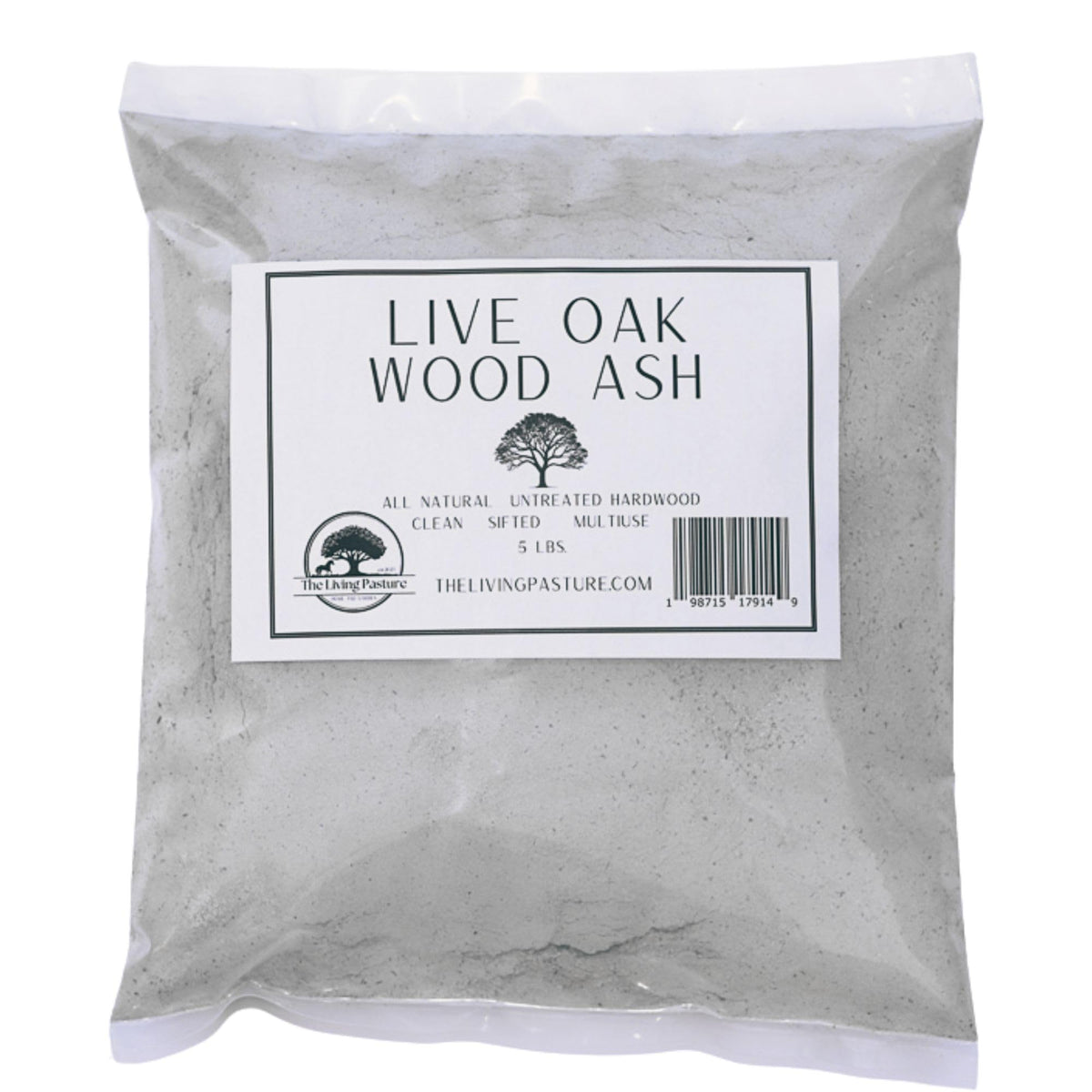 The Living Pasture front packaging of 5 lb live oak wood ash showing brand and weight benefit