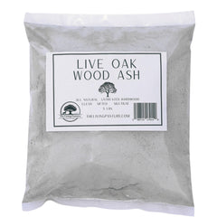 The Living Pasture front packaging of 5 lb live oak wood ash showing brand and weight benefit