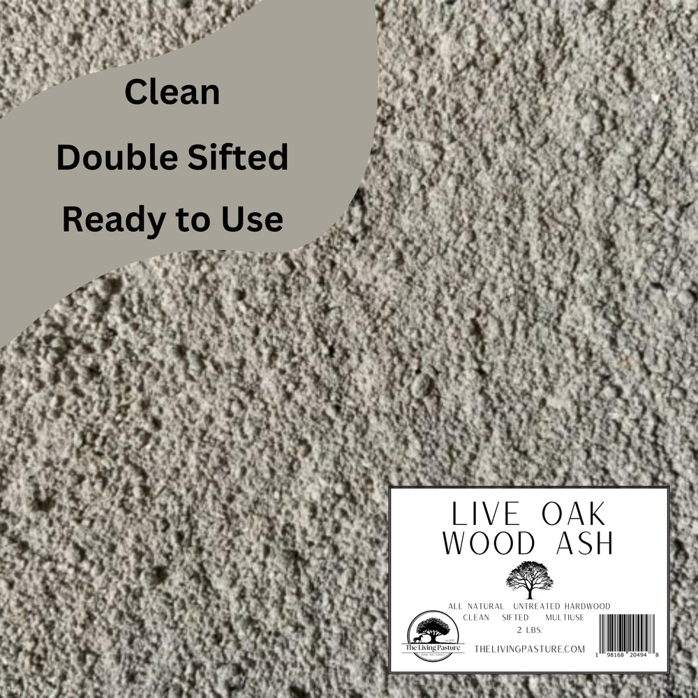 The Living Pasture open 5 lb bag revealing sifted wood ash texture for versatile garden use