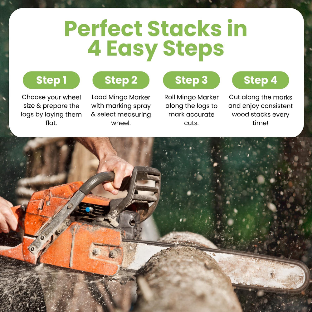 THE MINGO mounted on chainsaw marking a log, speeds up cutting workflow