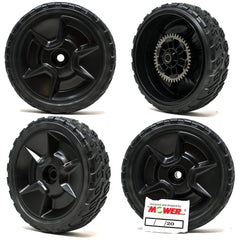 The Mower Shop rear wheel close-up showing tread and hub, ensuring correct fit