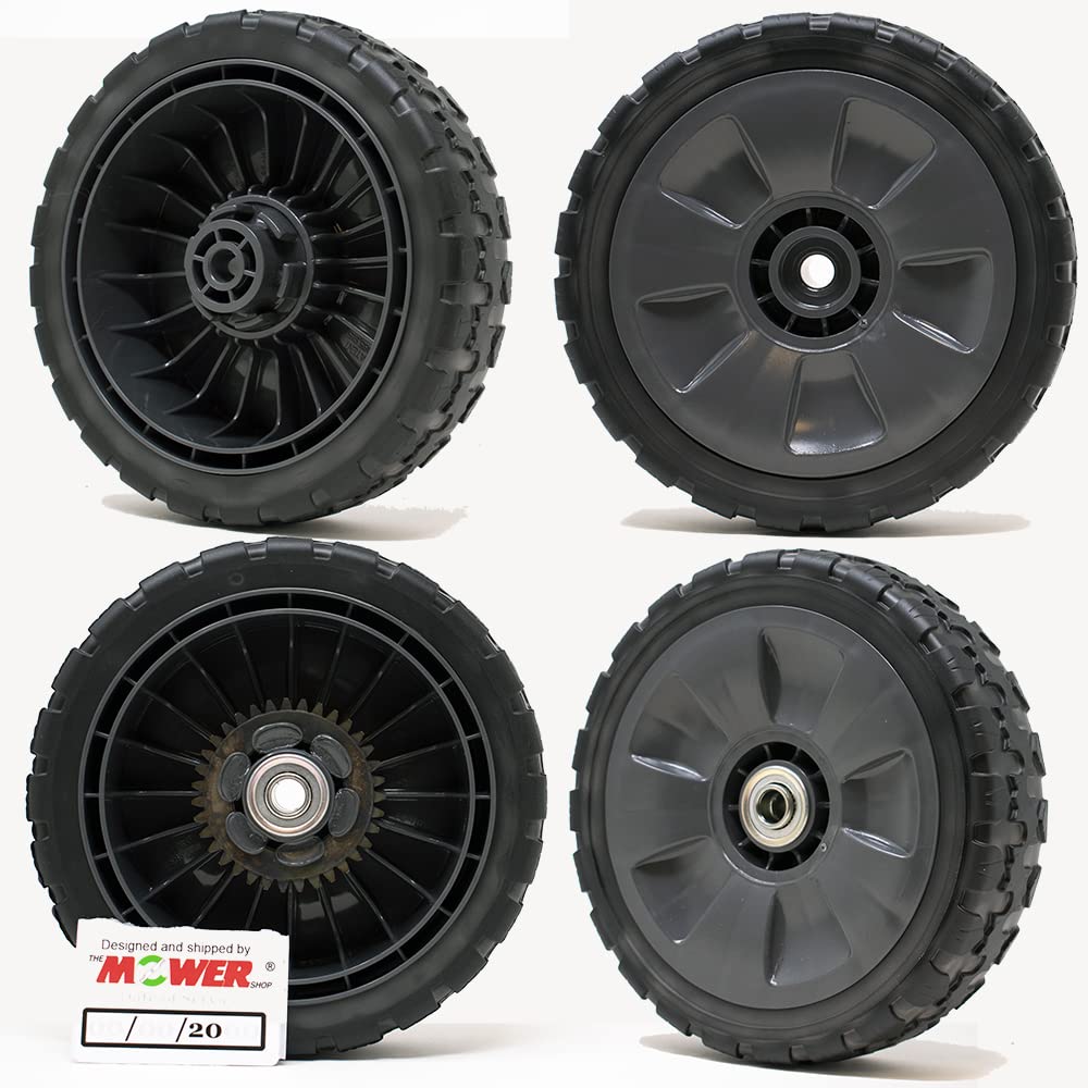 The Mower Shop front wheel packaging showing fit and installation ease