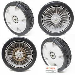 The Mower Shop front and rear wheels kit showing fitment and restored mower stability
