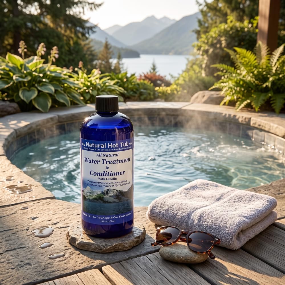 Label close-up listing ingredients and directions for The Natural Hot Tub Company treatment