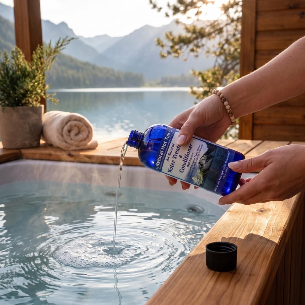16oz bottle beside a measuring cup showing The Natural Hot Tub Company size and dose guidance