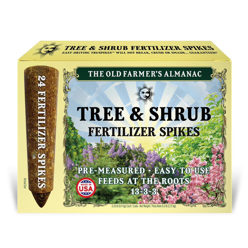 The Old Farmer's Almanac front box showing 24 spikes and clear labeling benefit: easy seasonal feeding