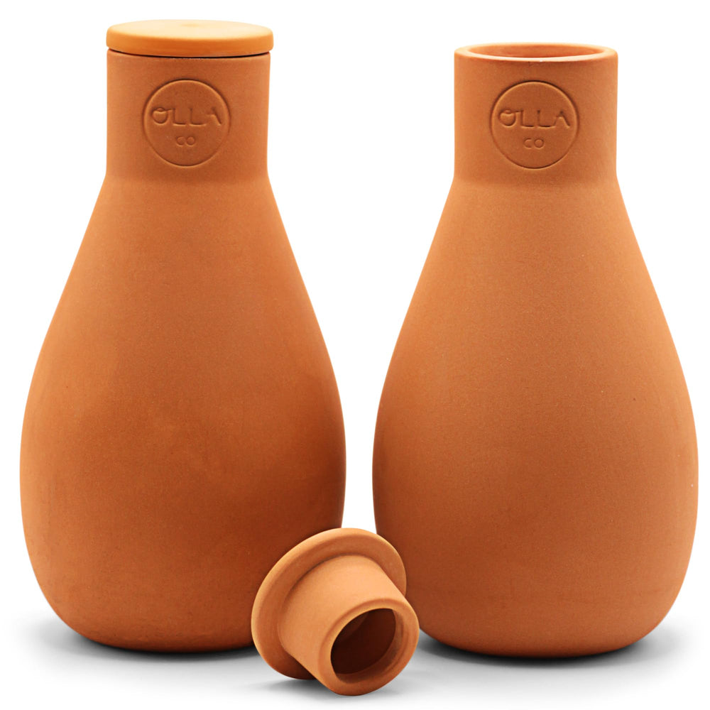 The Olla Company front view of two terracotta mini Ollas showing packaging and compact size benefit