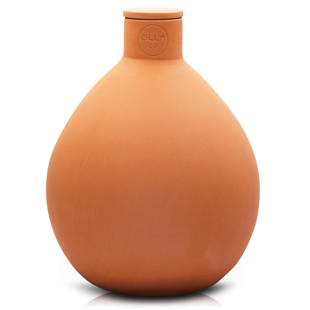 The Olla Company front view showing terracotta olla and lid, efficient watering