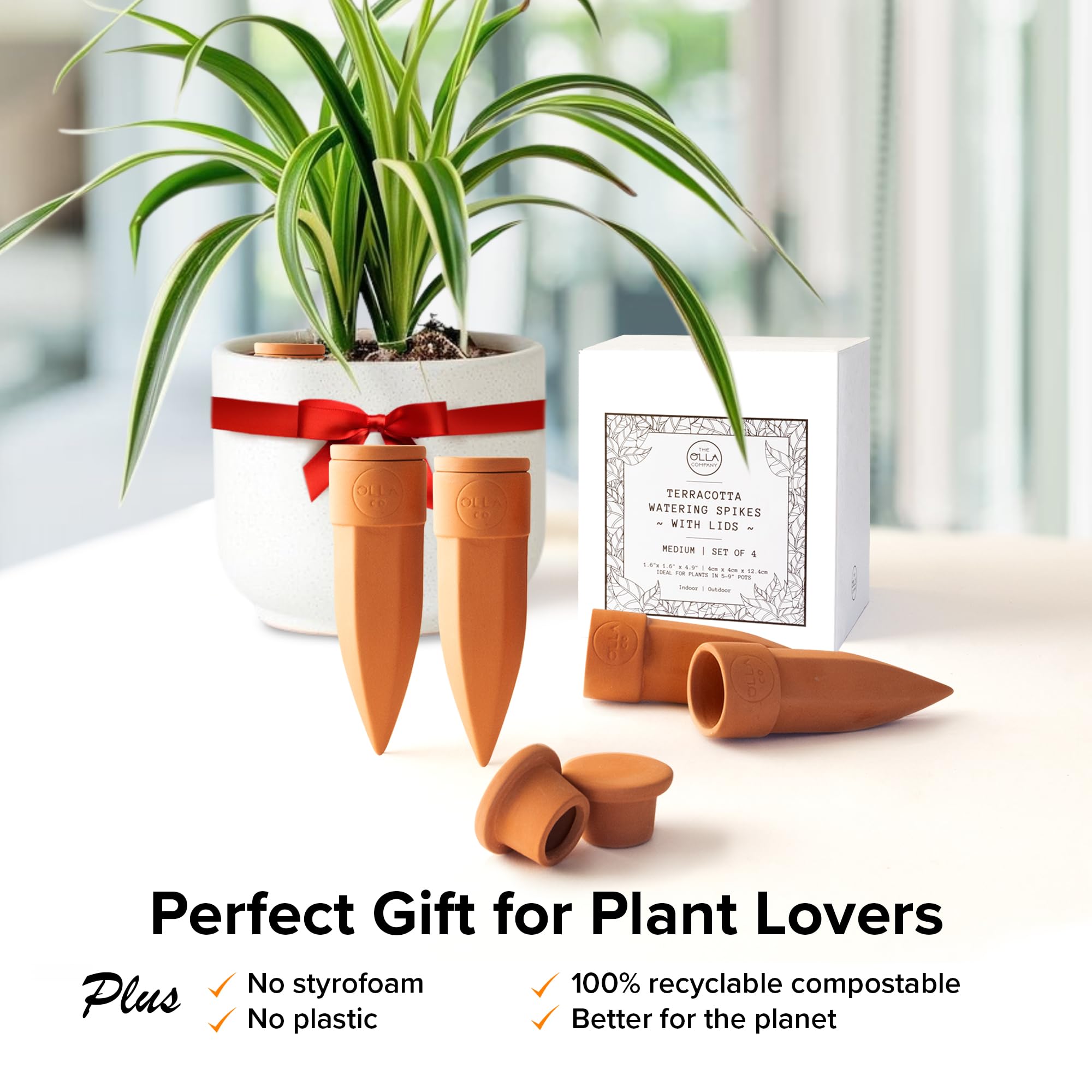 The Olla Company spikes in balcony planter illustrating low-maintenance gardening