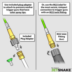 The Original JetSnake attached to a gas pressure washer demonstrating correct hookup and power