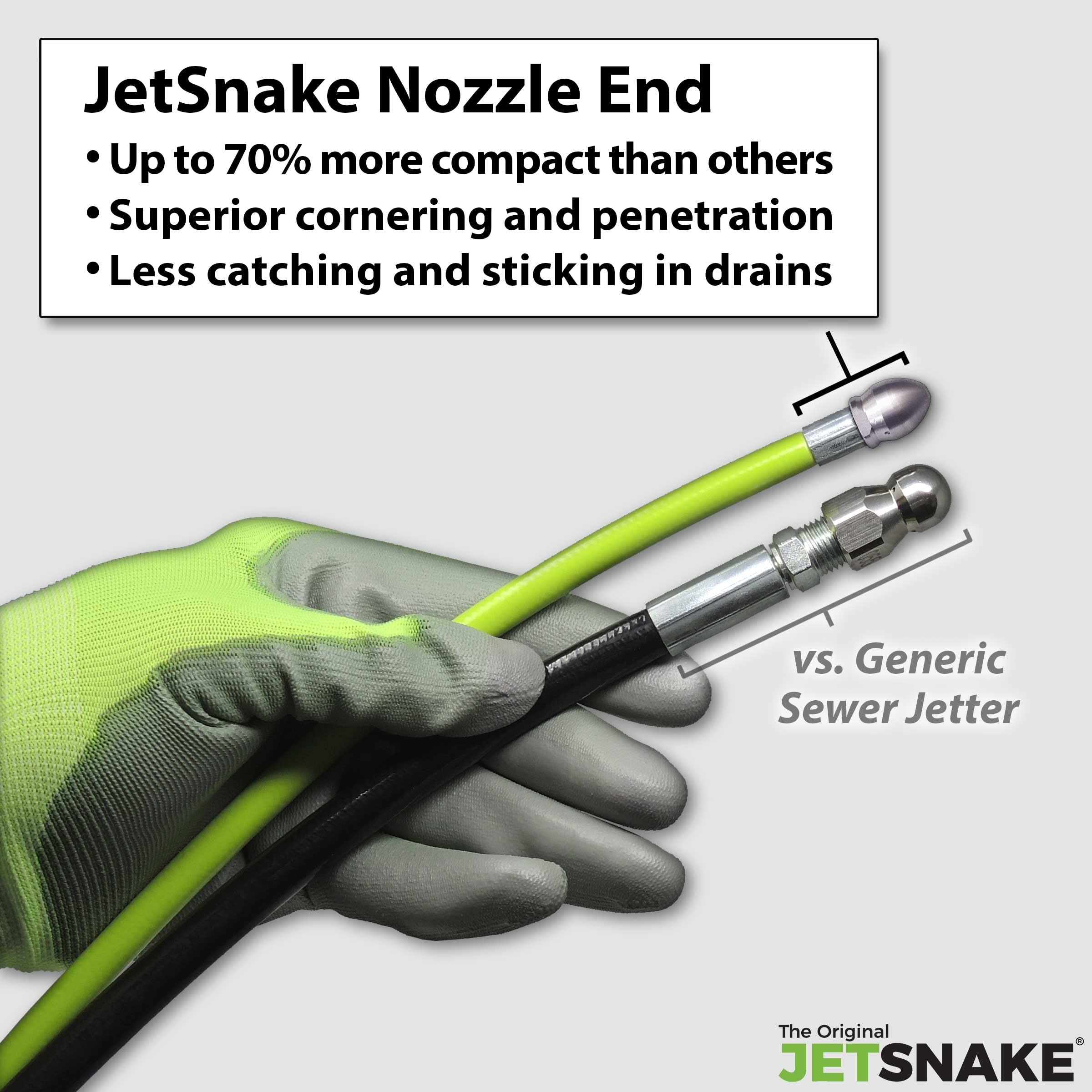 The Original JetSnake stainless steel nozzle close-up showing compact jets for deep penetration