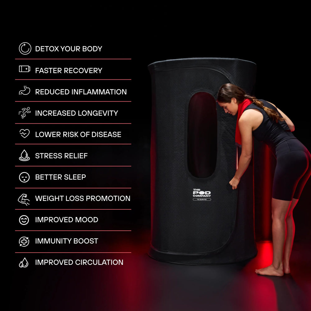 THE POD COMPANY Sauna Pod next to chair for scale showing fit for users up to 6'7"