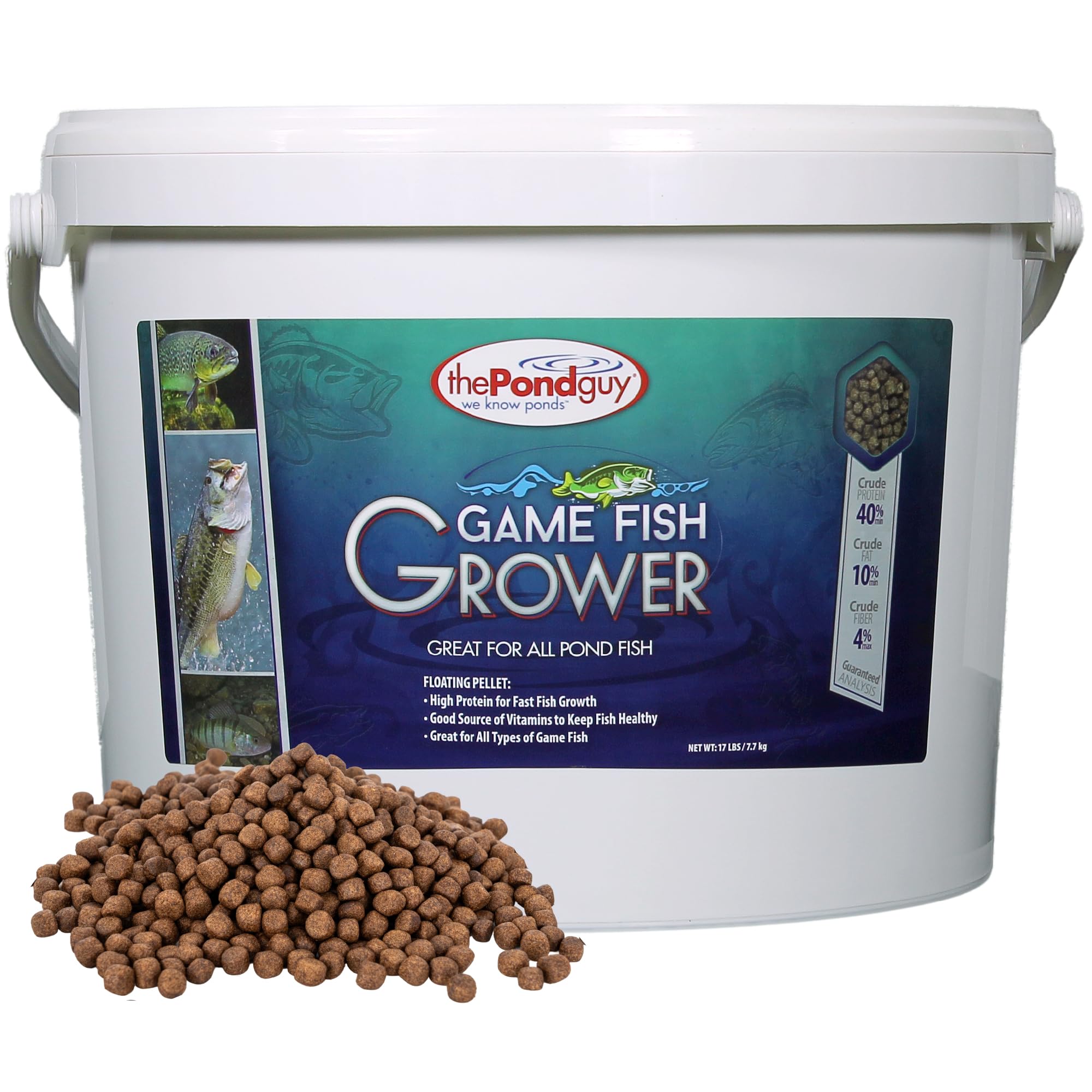 The Pond Guy bucket front view showing product and easy storage