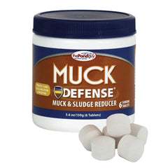 The Pond Guy front packaging showing six muck defense tablets and benefits