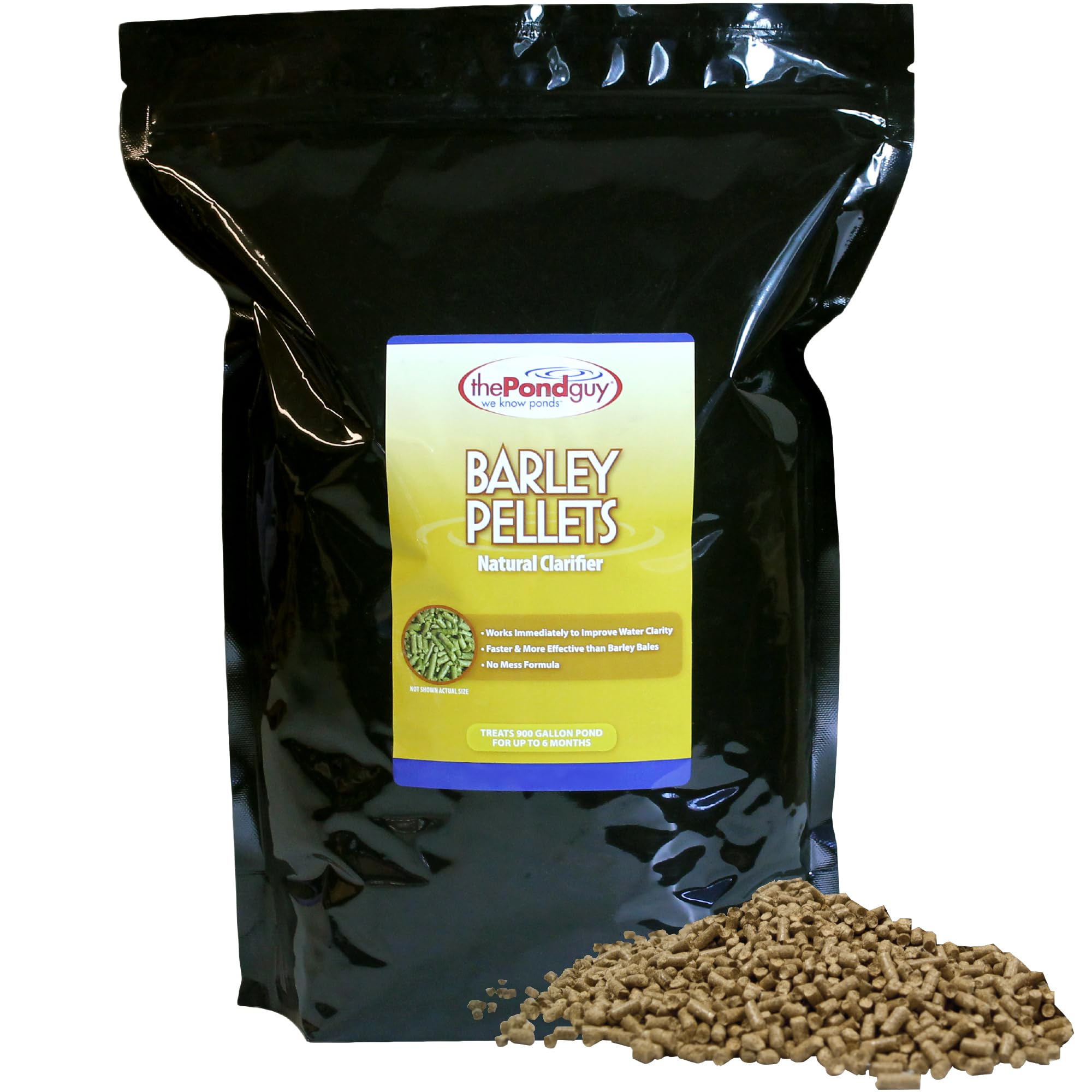 The Pond Guy bag front view showing 12 lb pellets and quick clarity benefit