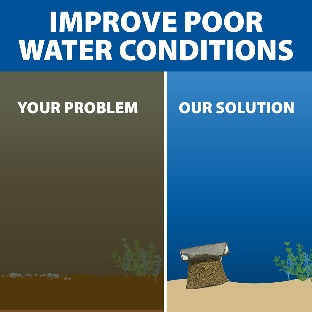Product label close-up showing The Pond Guy usage instructions and benefits