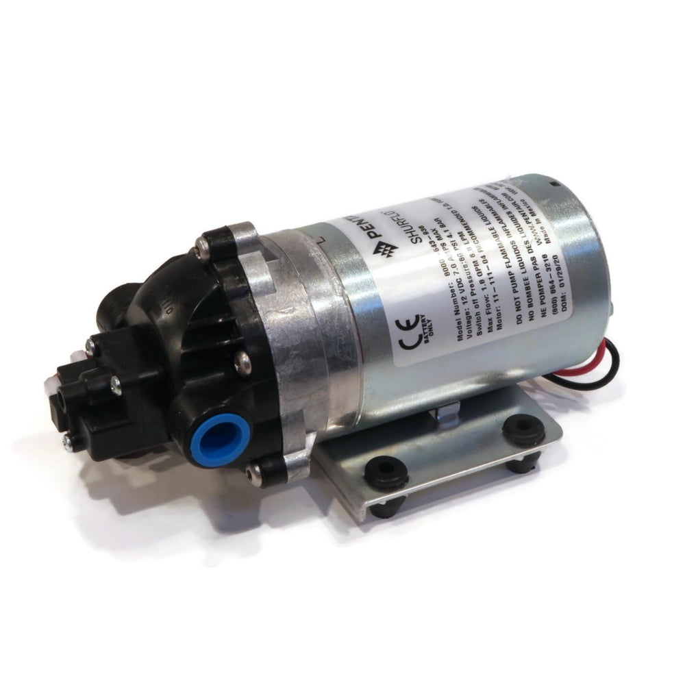 The ROP Shop Shurflo front view showing pump body and fittings, clear identification and benefit