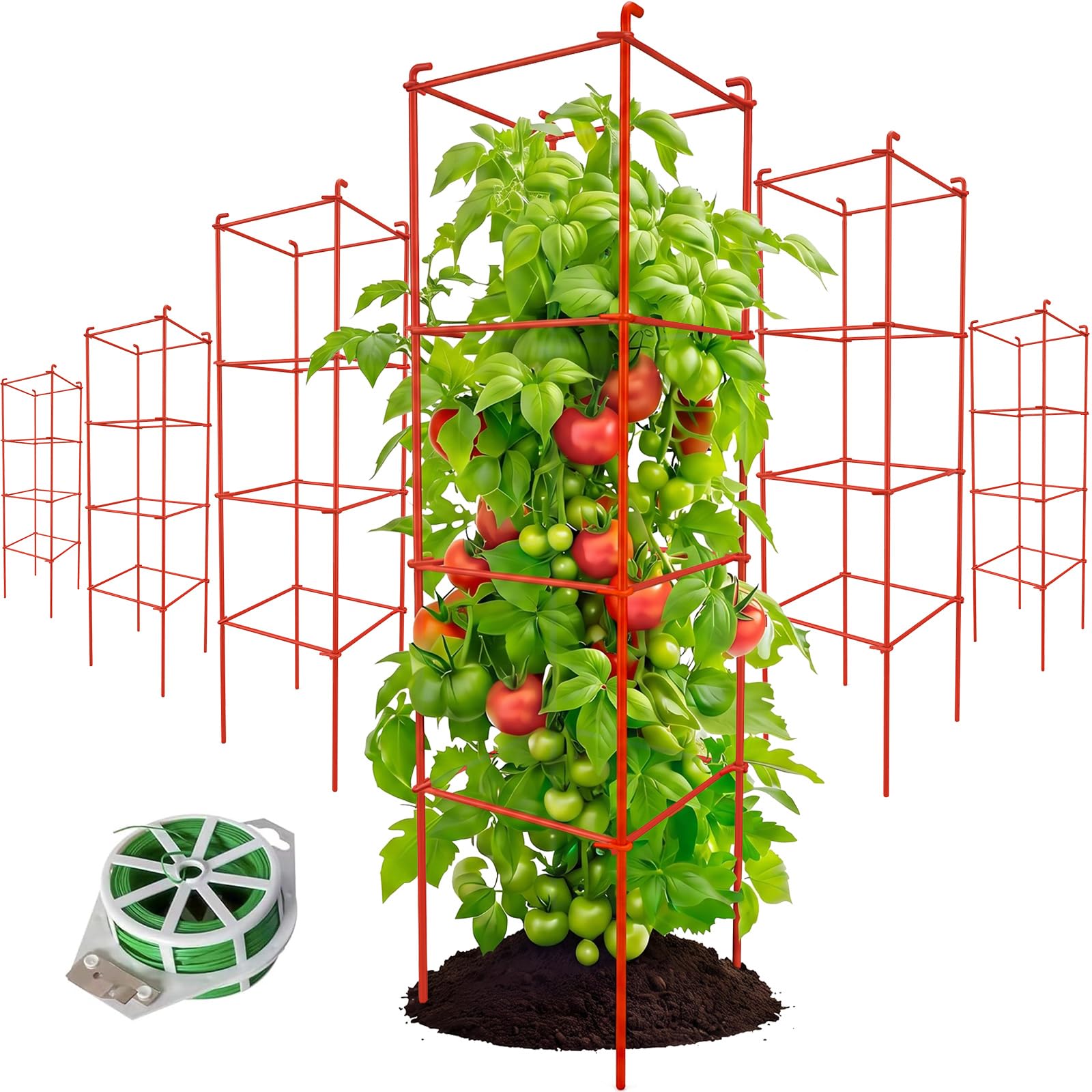 Thealyn 6-pack front view showing all metal tomato cages, sturdy garden support
