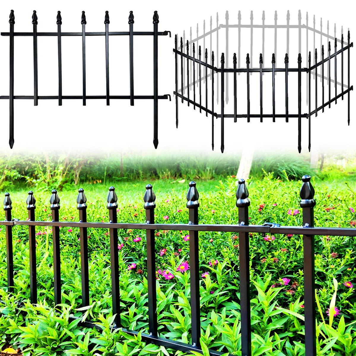 Thealyn front view of five panels showing full decorative garden fence benefit: neat edging