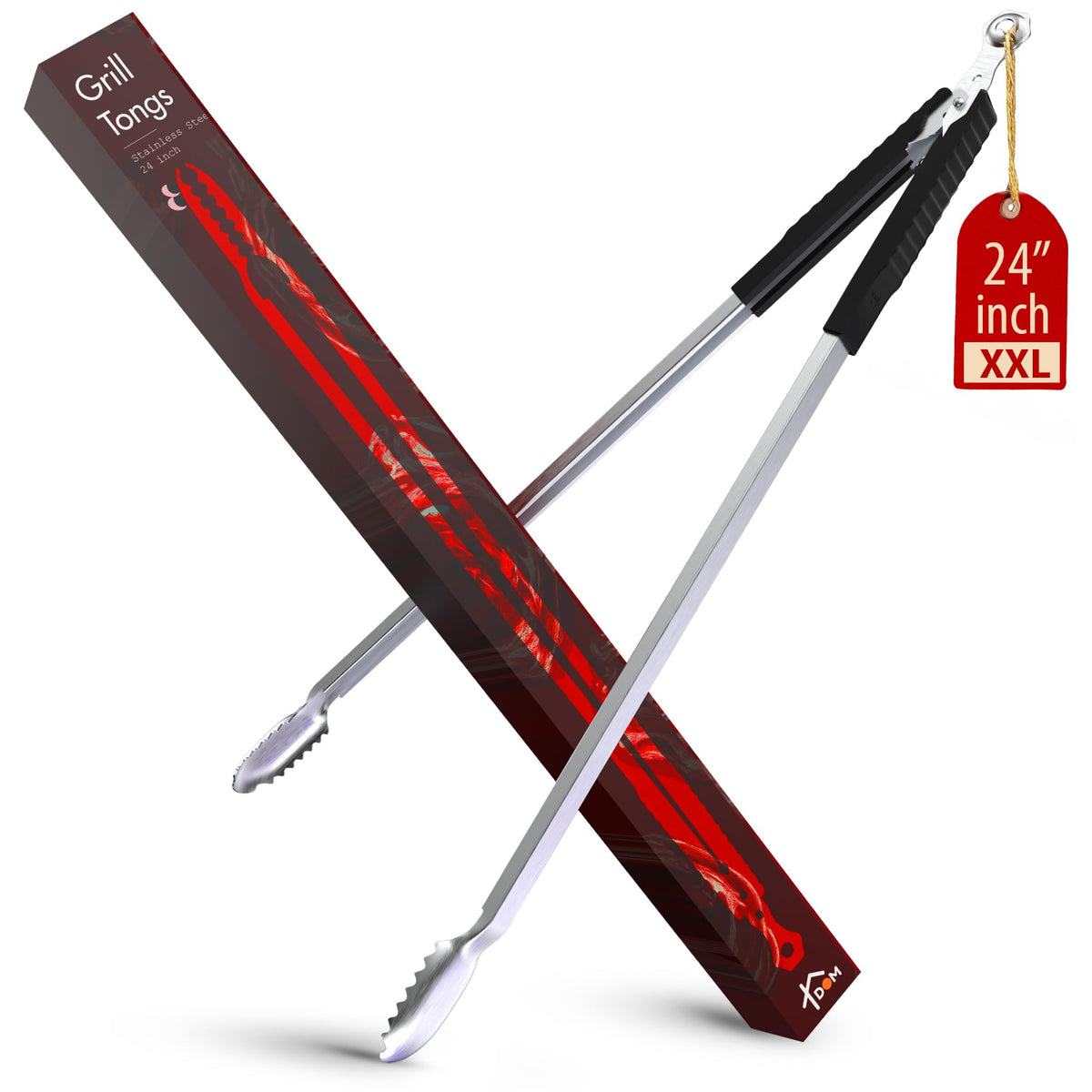 TheDOM 24-inch tongs front view showing full length and stainless-steel build for safe grilling