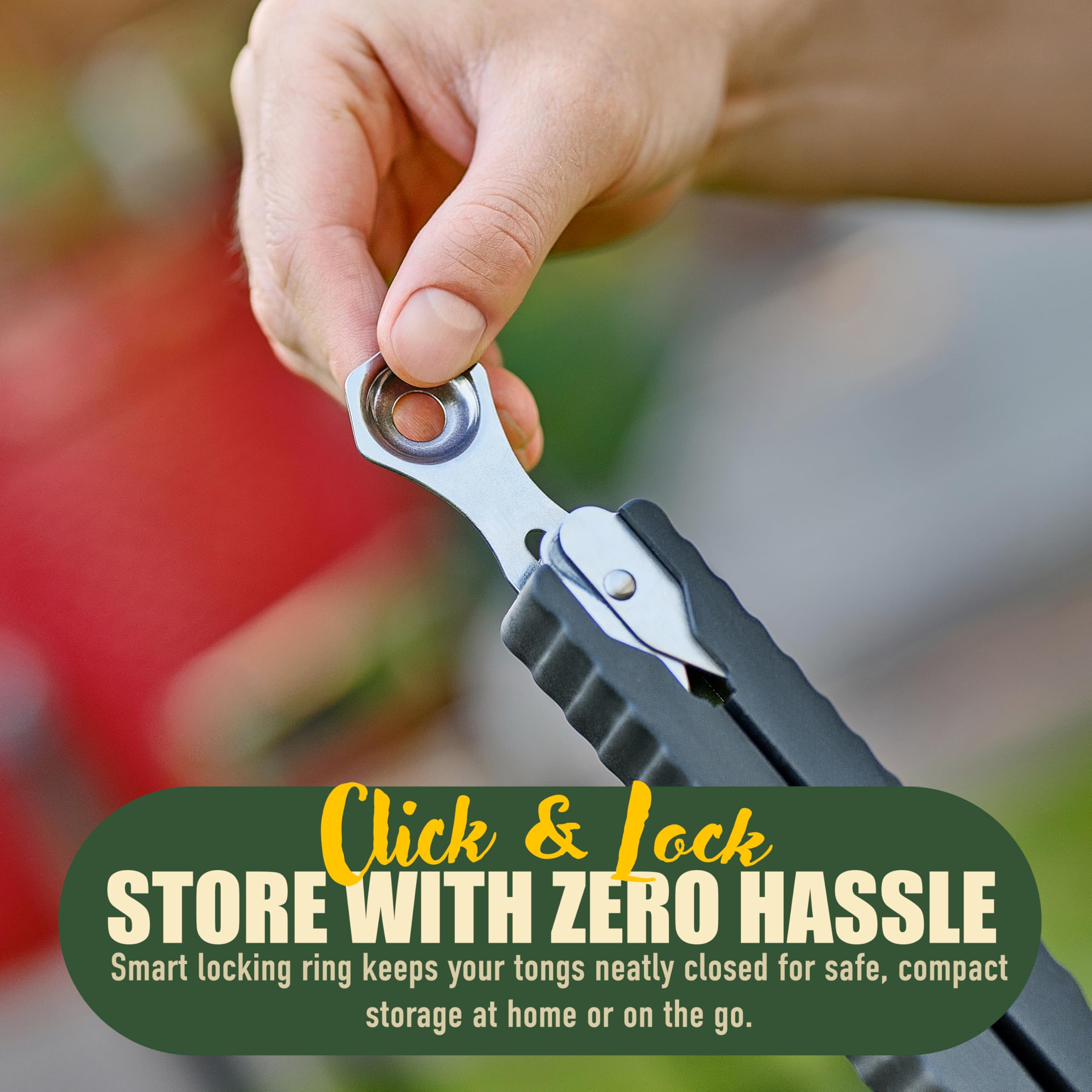 TheDOM tongs in use flipping a steak on an outdoor grill for safer, precise handling