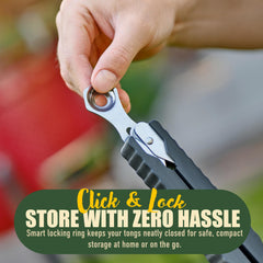 TheDOM tongs in use flipping a steak on an outdoor grill for safer, precise handling