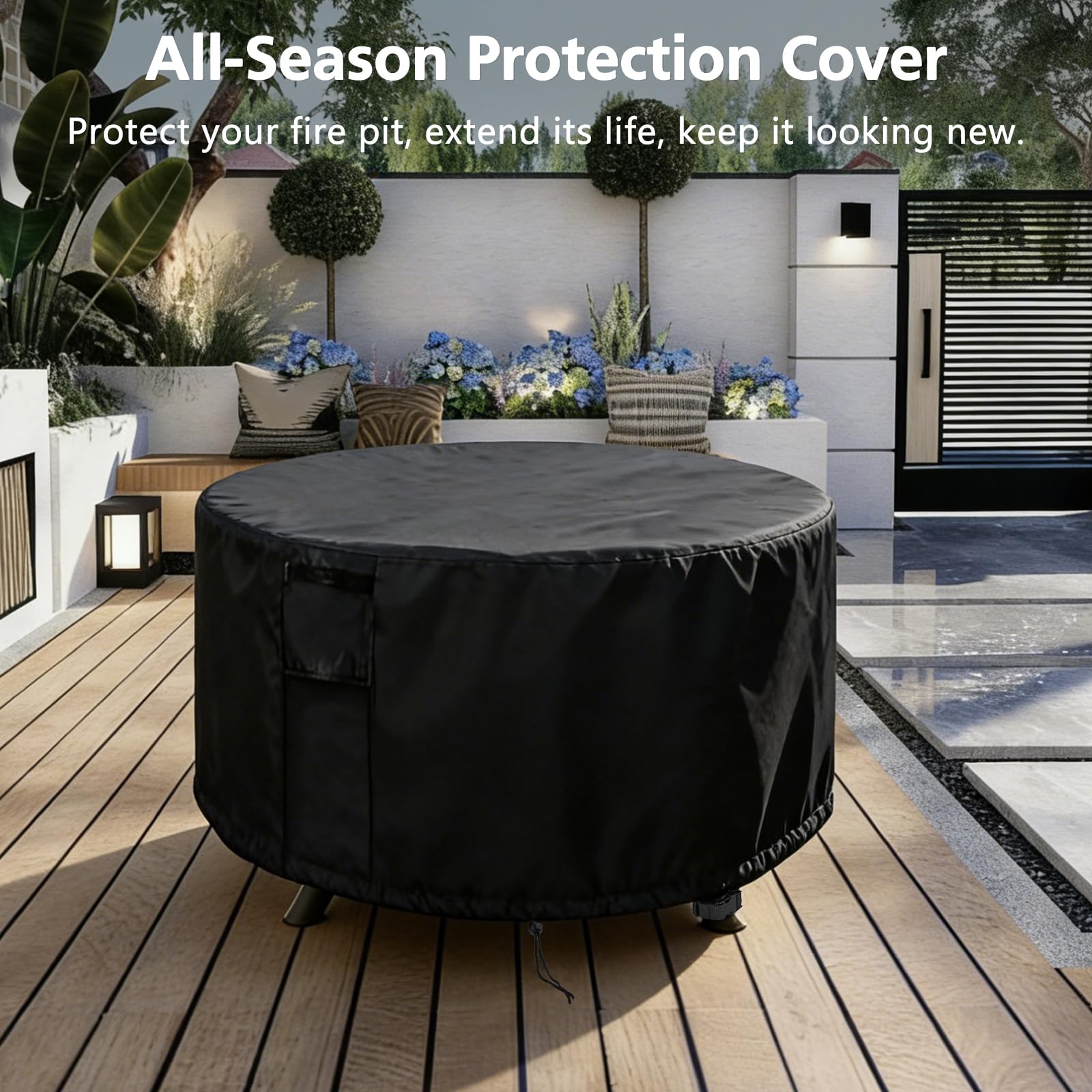 TheElves covered fire pit in evening patio scene for weather protection