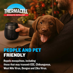 Thermacell on a patio table protecting an outdoor dining area for comfortable evenings