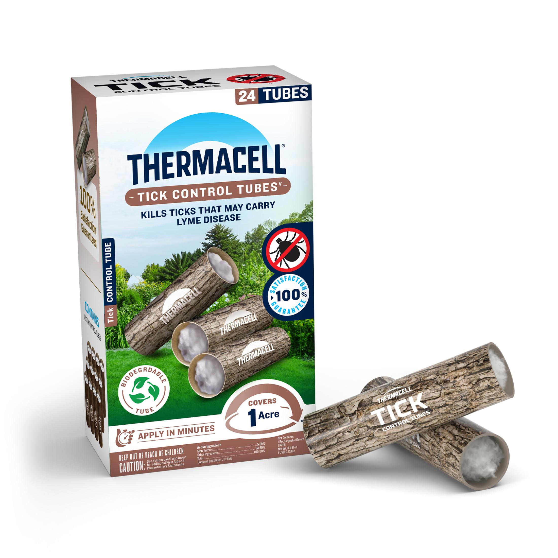 Thermacell front packaging showing 24 tick control tubes and coverage benefit