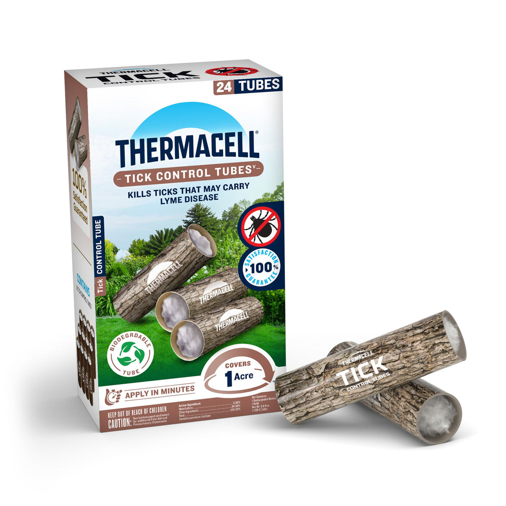 Thermacell front packaging showing 24 tick control tubes and coverage benefit