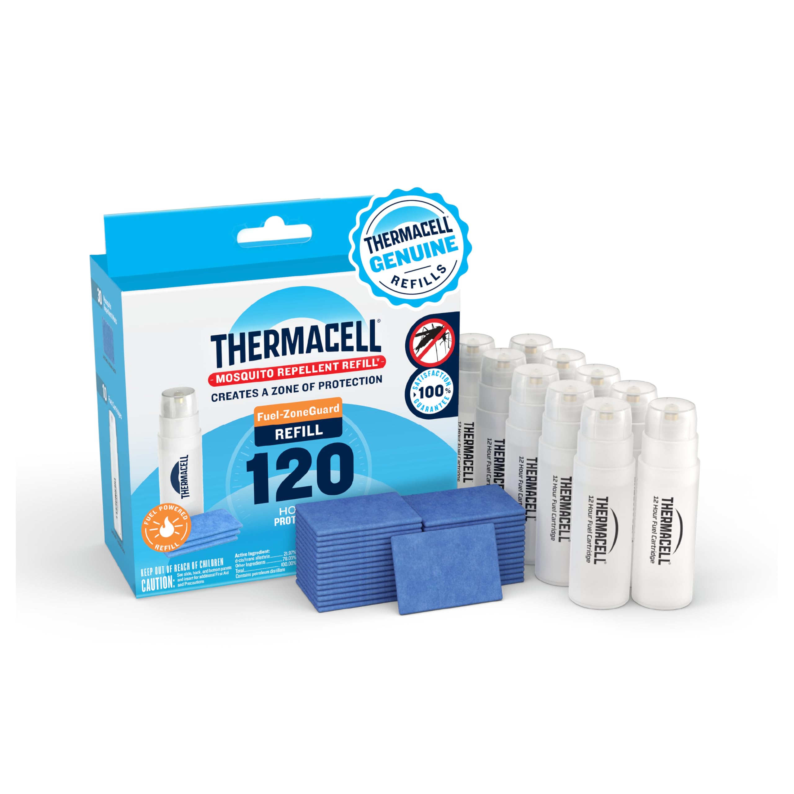 Thermacell front packaging showing refill pack and clear content benefits