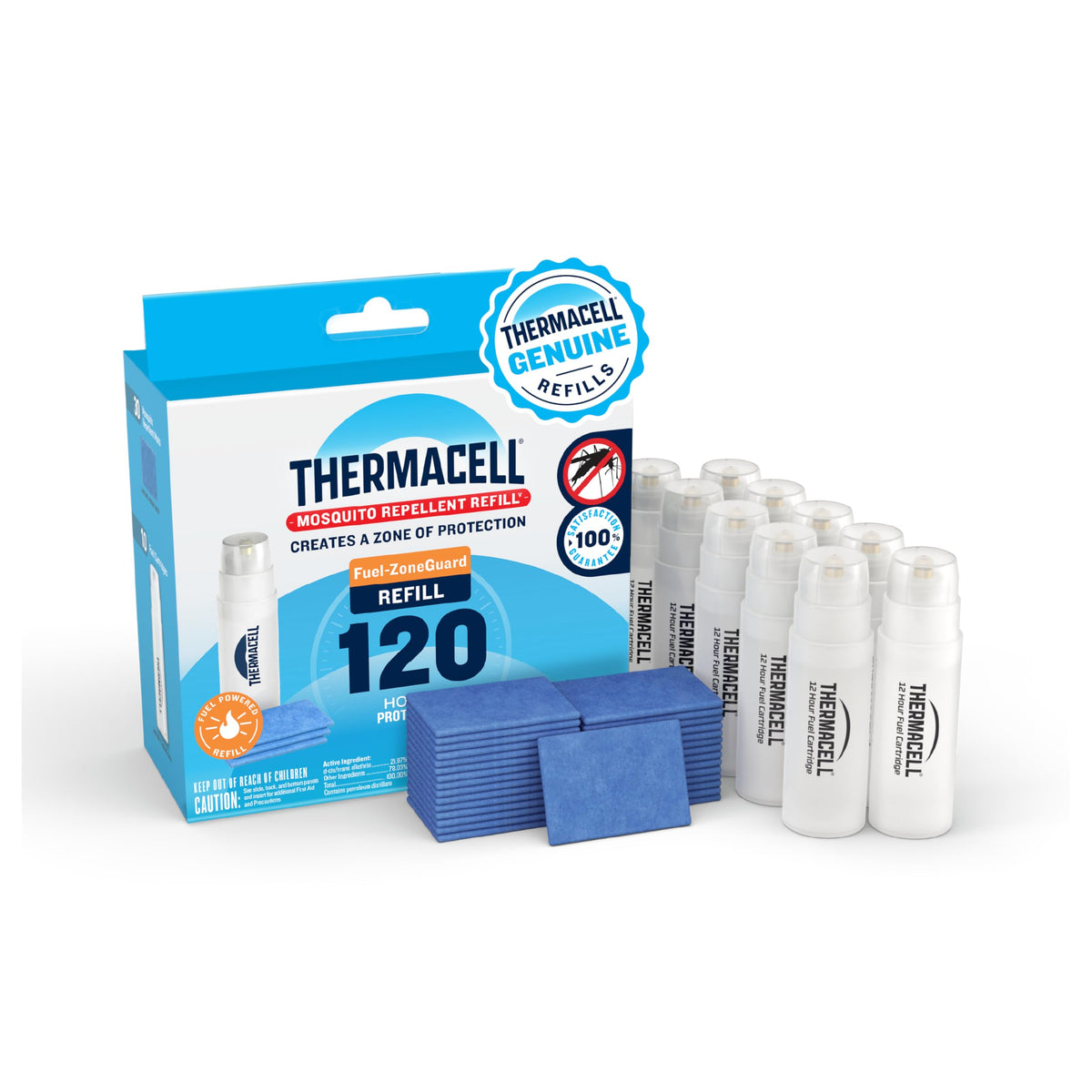 Thermacell front packaging showing refill pack and clear content benefits