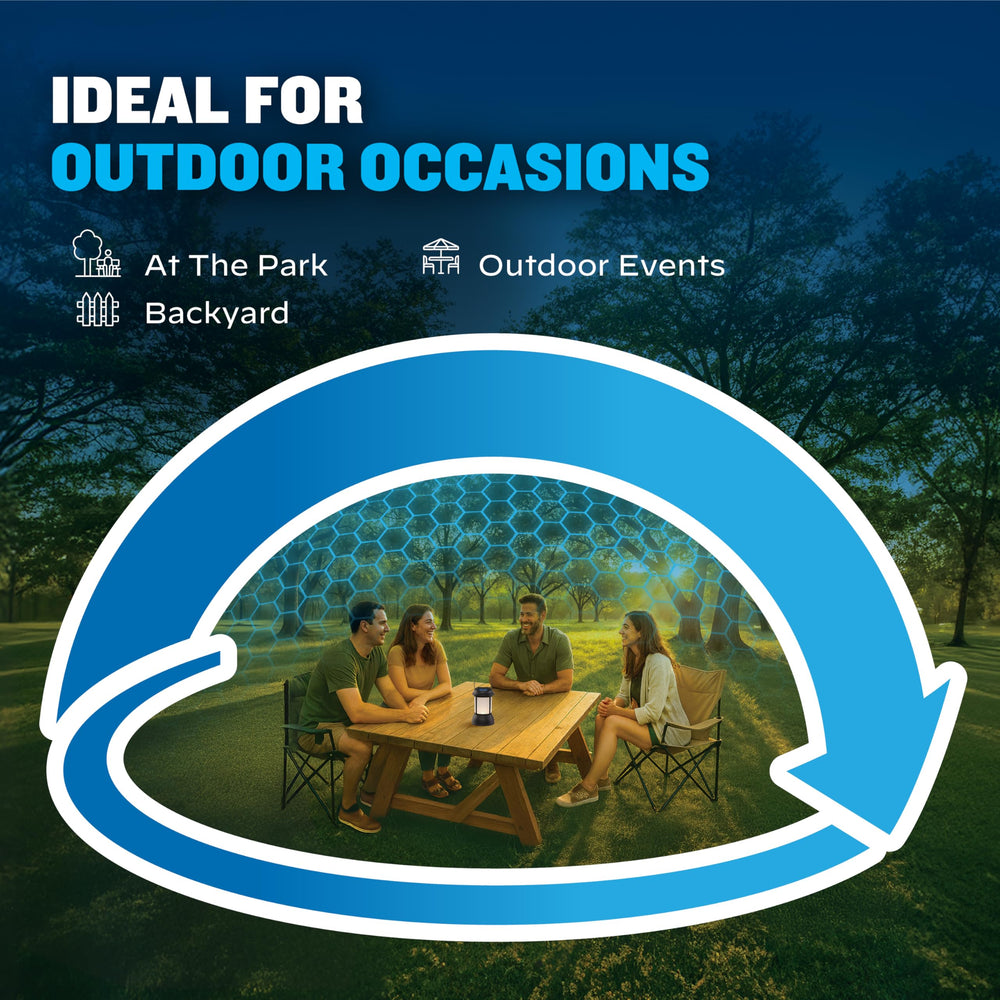 Thermacell on a patio table with people enjoying outdoors without mosquitoes